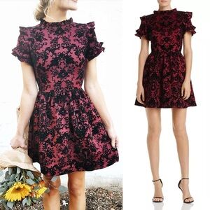 Aqua Flocked Ruffle-Sleeve Dress Burgundy Sz S